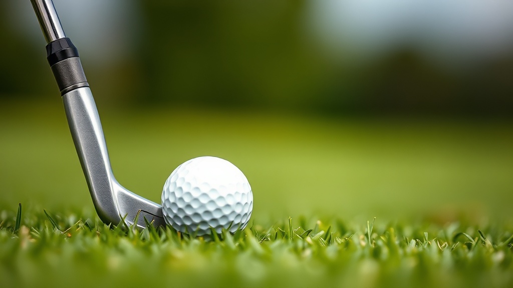 푸른 잔디 위에서 골프 아이언이 골프공을 타격하는 임팩트 순간의 측면 모습