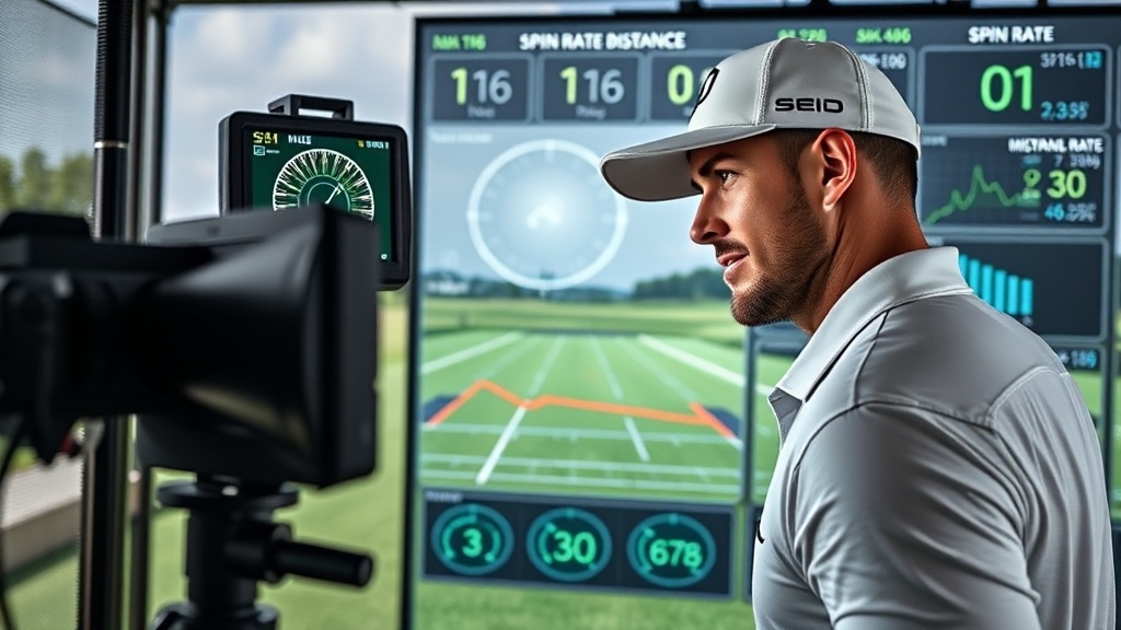 론치 모니터를 통해 스핀량과 비거리를 분석하는 전문적인 모습
