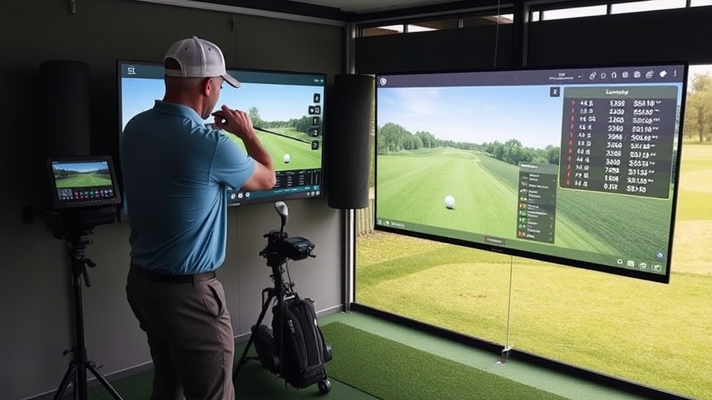 골프 스윙 스피드를 분석하는 런치 모니터와 골퍼의 모습